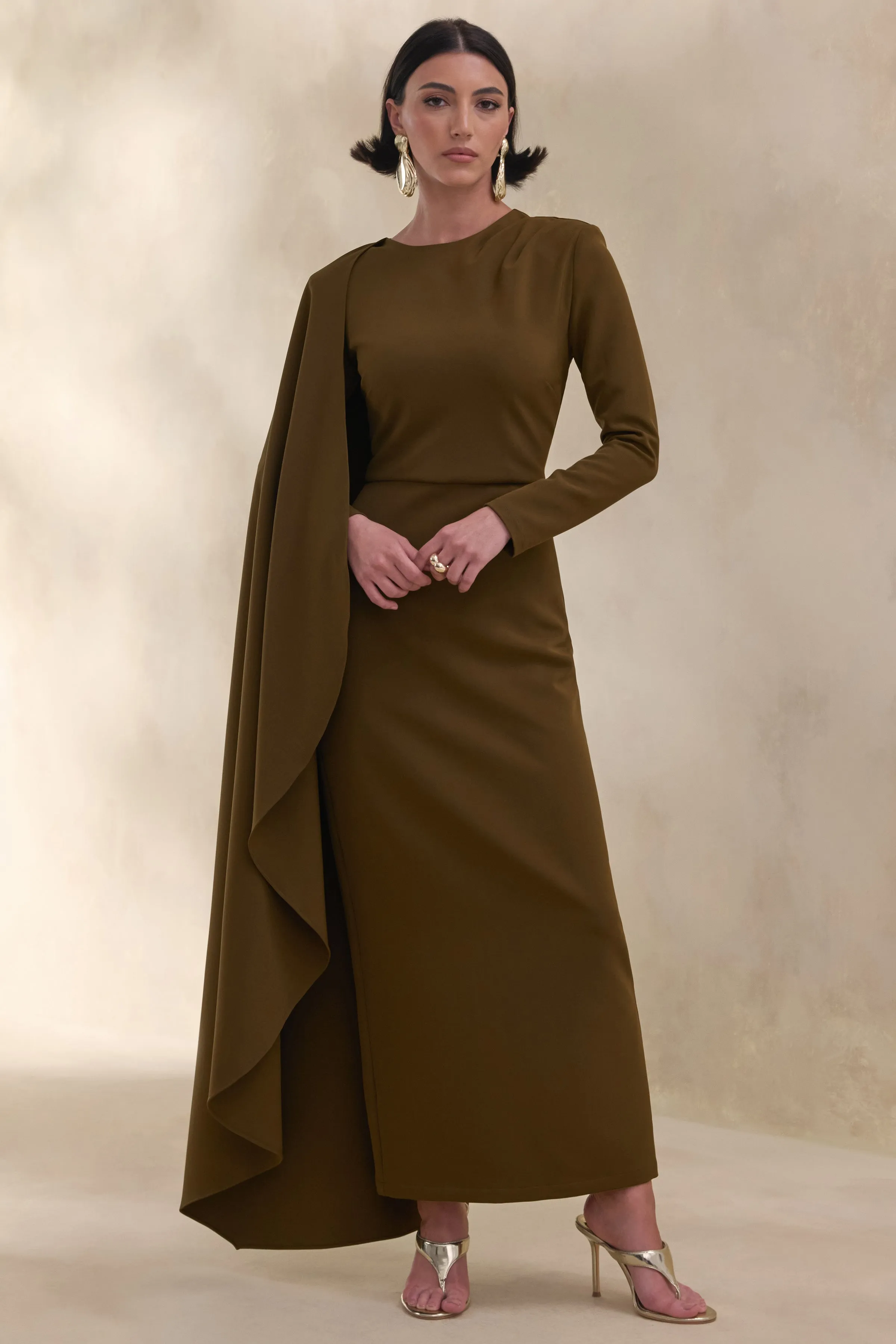 Jovea | Olive Round-Neck Maxi Dress With Cape-Sleeve sold by Club L London product image thumbnail 4
