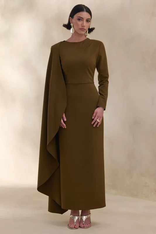 Jovea | Olive Round-Neck Maxi Dress With Cape-Sleeve made by Club L London