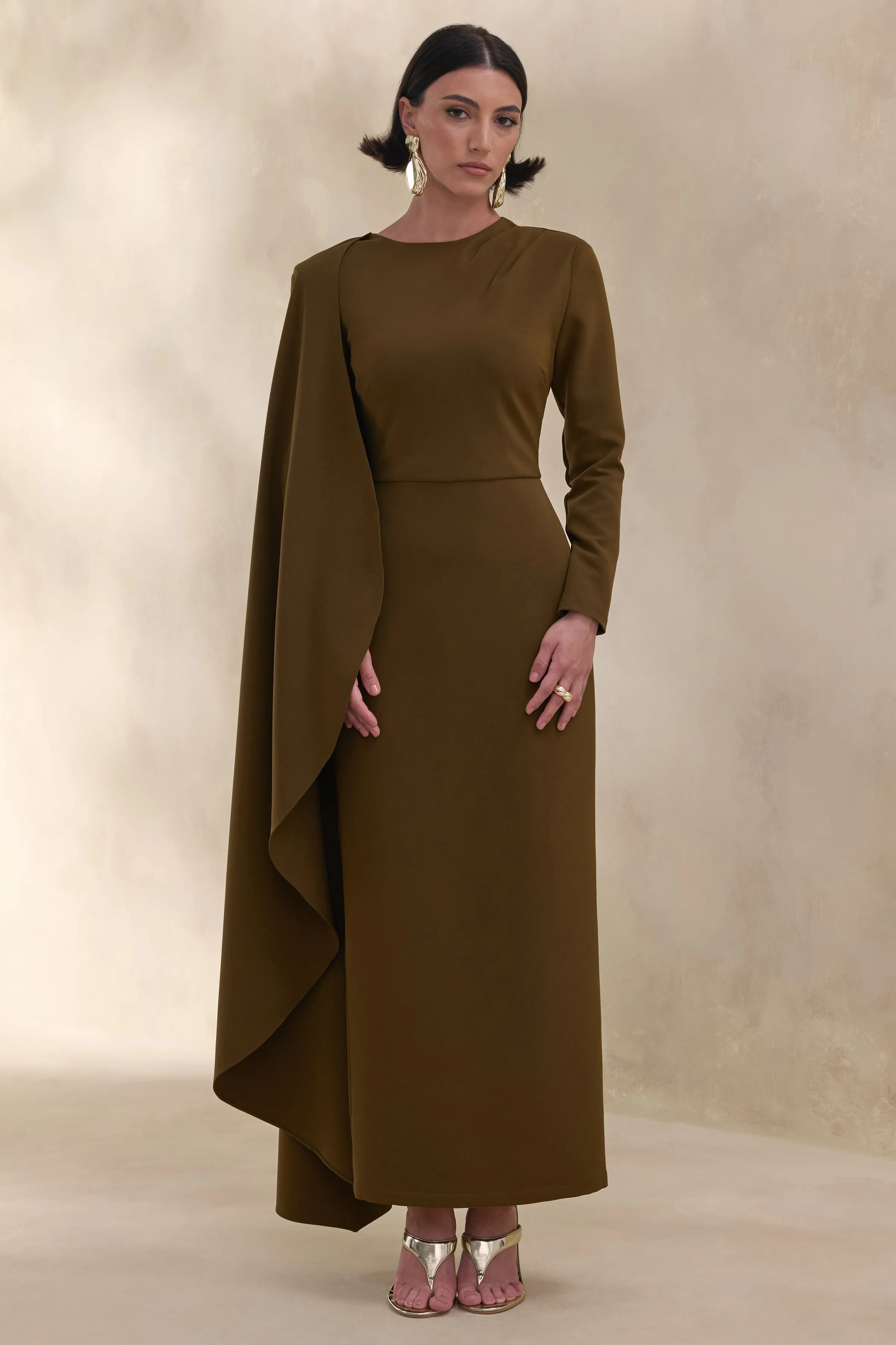 Jovea | Olive Round-Neck Maxi Dress With Cape-Sleeve sold by Club L London