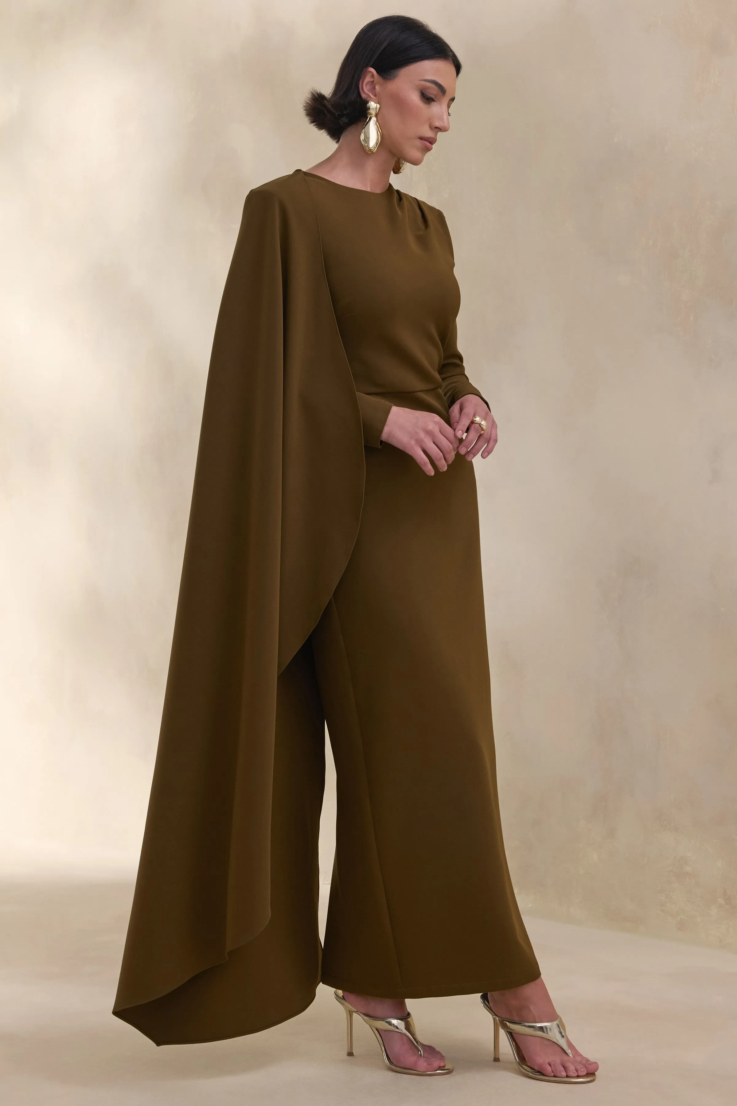 Jovea | Olive Round-Neck Maxi Dress With Cape-Sleeve sold by Club L London product image thumbnail 5