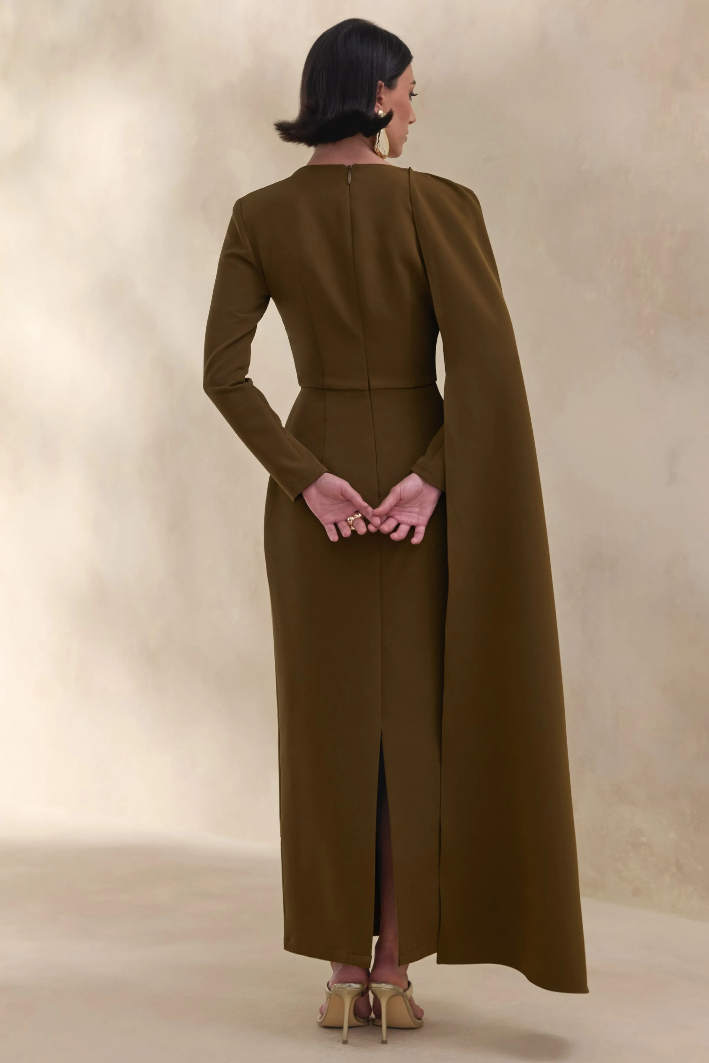 Jovea | Olive Round-Neck Maxi Dress With Cape-Sleeve sold by Club L London product image thumbnail 2