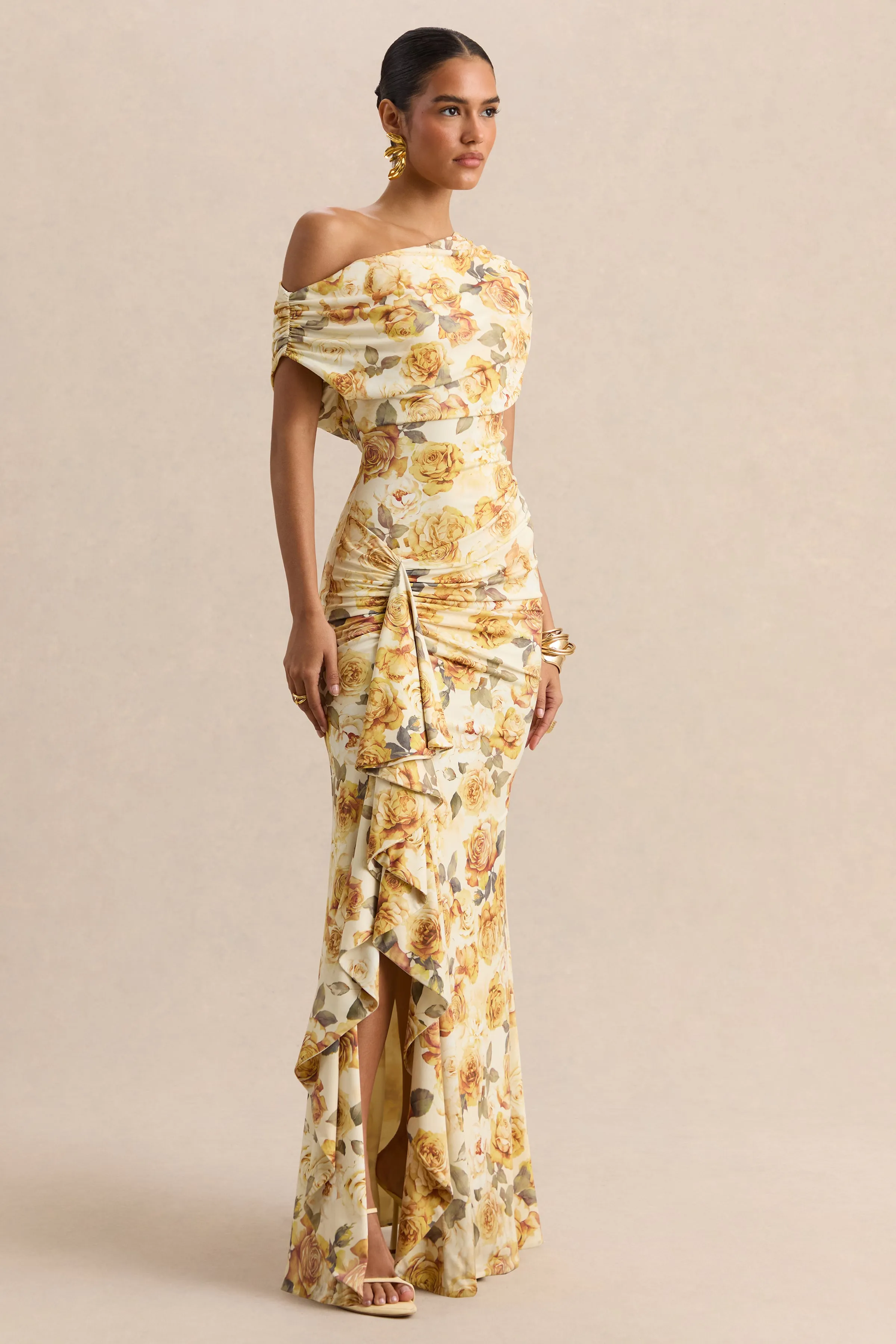Siora | Lemon Rose Print Asymmetric-Neck Maxi Dress With Draped-Detailing sold by Club L London product image thumbnail 4