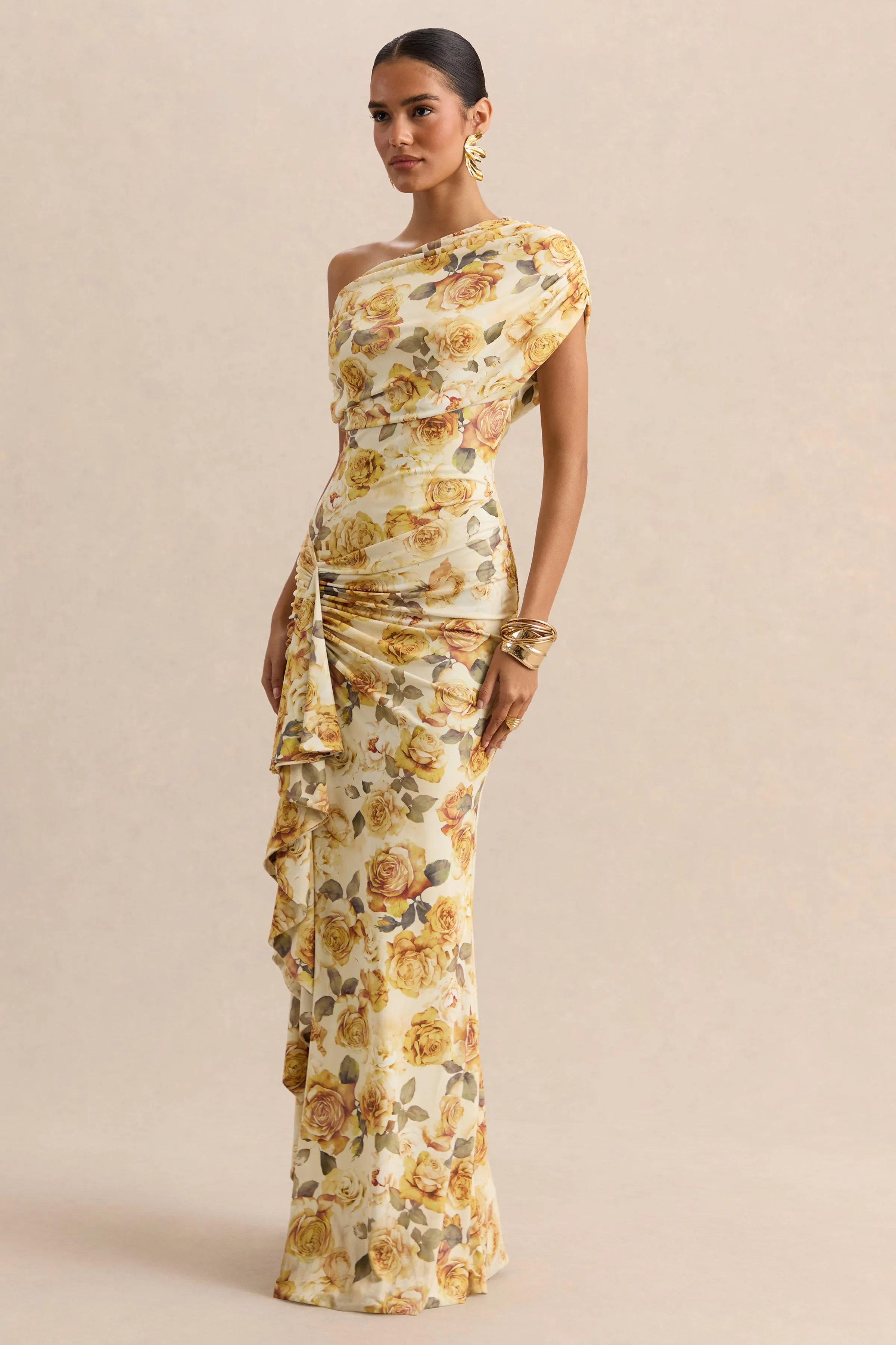 Siora | Lemon Rose Print Asymmetric-Neck Maxi Dress With Draped-Detailing sold by Club L London product image thumbnail 2