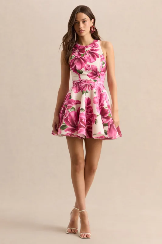 Waverly | Pink Rose Print Racer-Neck Sleeveless Skater Mini Dress sold by Club L London
