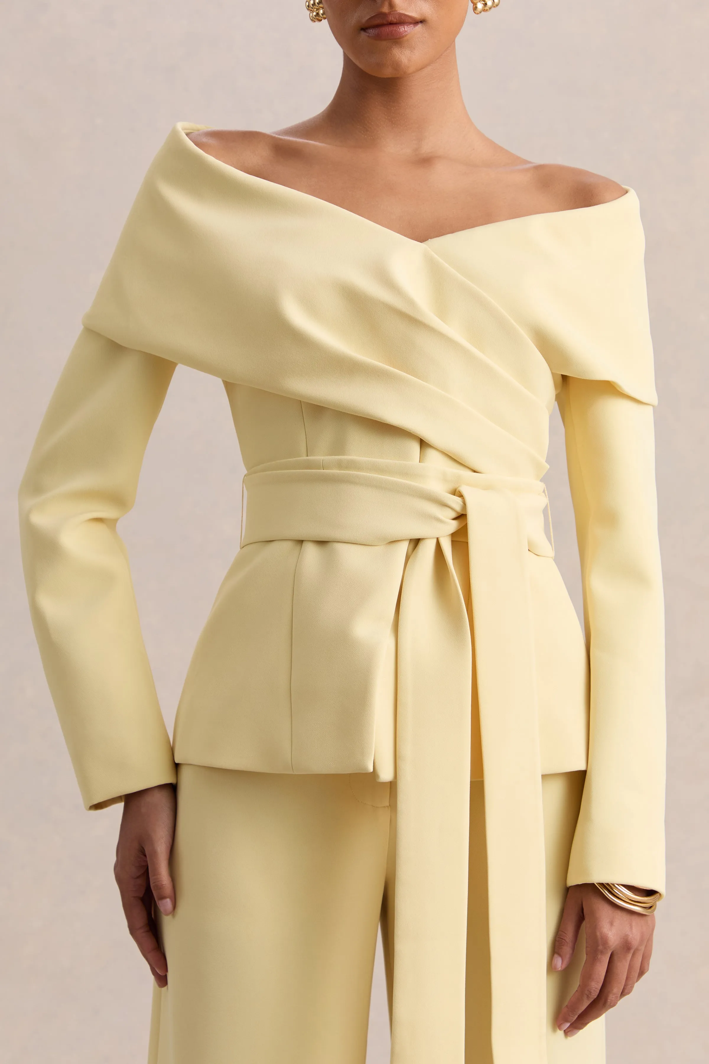 Empress | Lemon Bardot-Neck Tailored Top sold by Club L London product image thumbnail 3