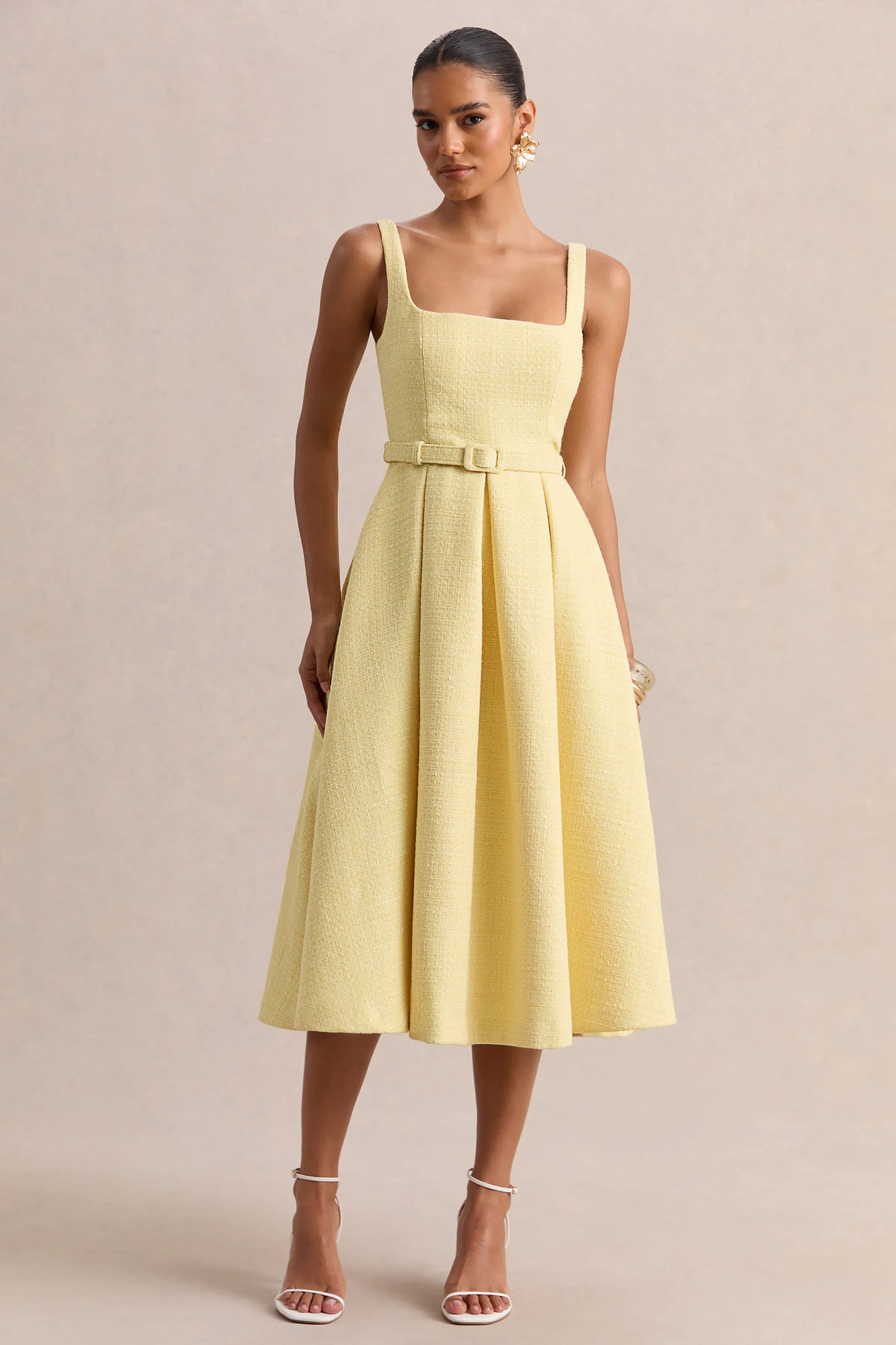 Camoria | Lemon Boucle Square-Neck Midi Dress sold by Club L London product image thumbnail 4