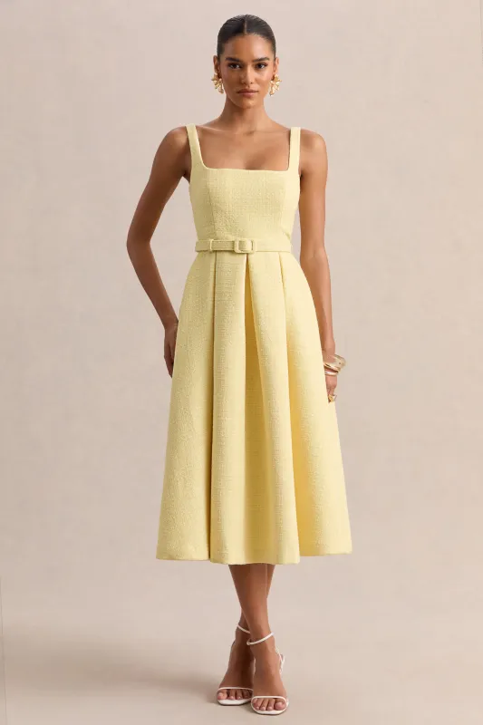 Camoria | Lemon Boucle Square-Neck Midi Dress made by Club L London