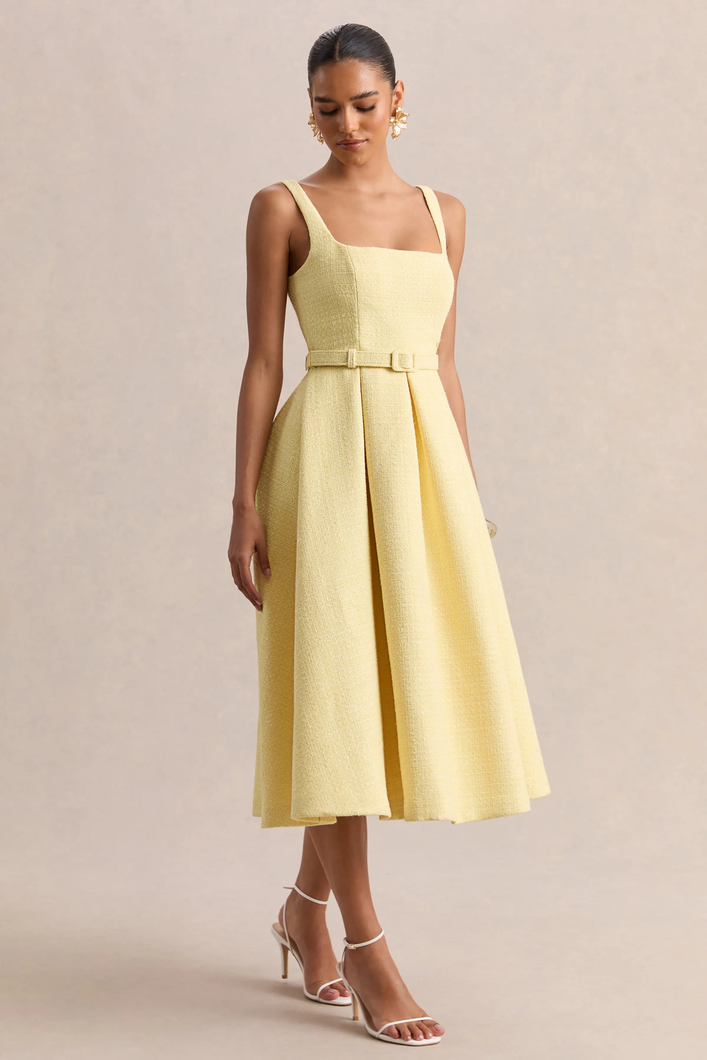 Camoria | Lemon Boucle Square-Neck Midi Dress sold by Club L London product image thumbnail 5