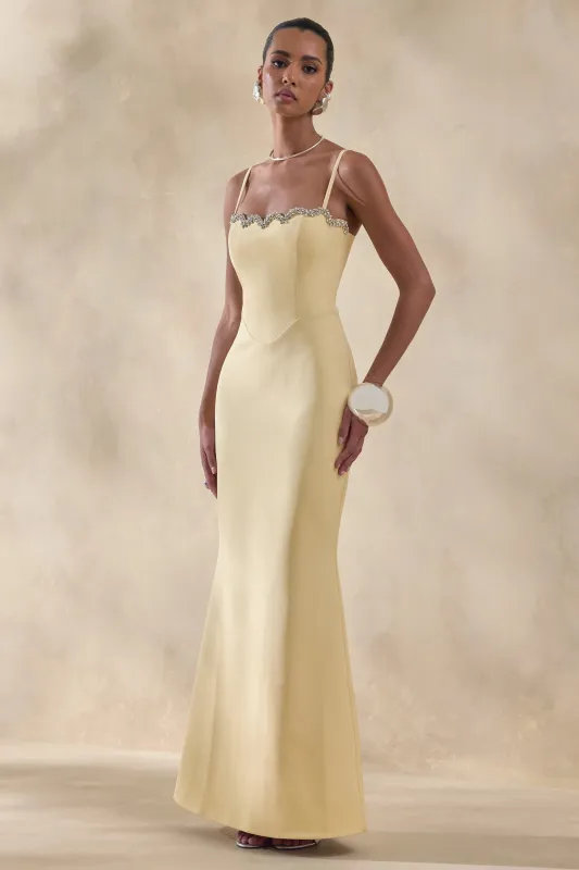 Story | Lemon Scalloped Sweetheart-Neck Maxi Dress With Embellished-Detailing made by Club L London