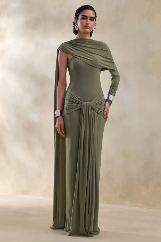 Trisara | Olive Asymmetric-Neck Maxi Dress With Gathered-Detailing And Sash made by Club L London