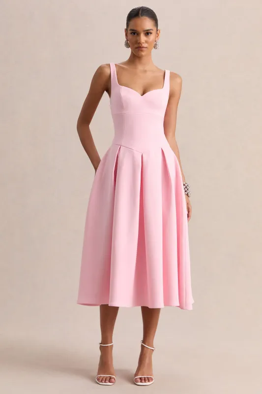 Greta | Light Pink Sweetheart-Neck Midi Dress sold by Club L London