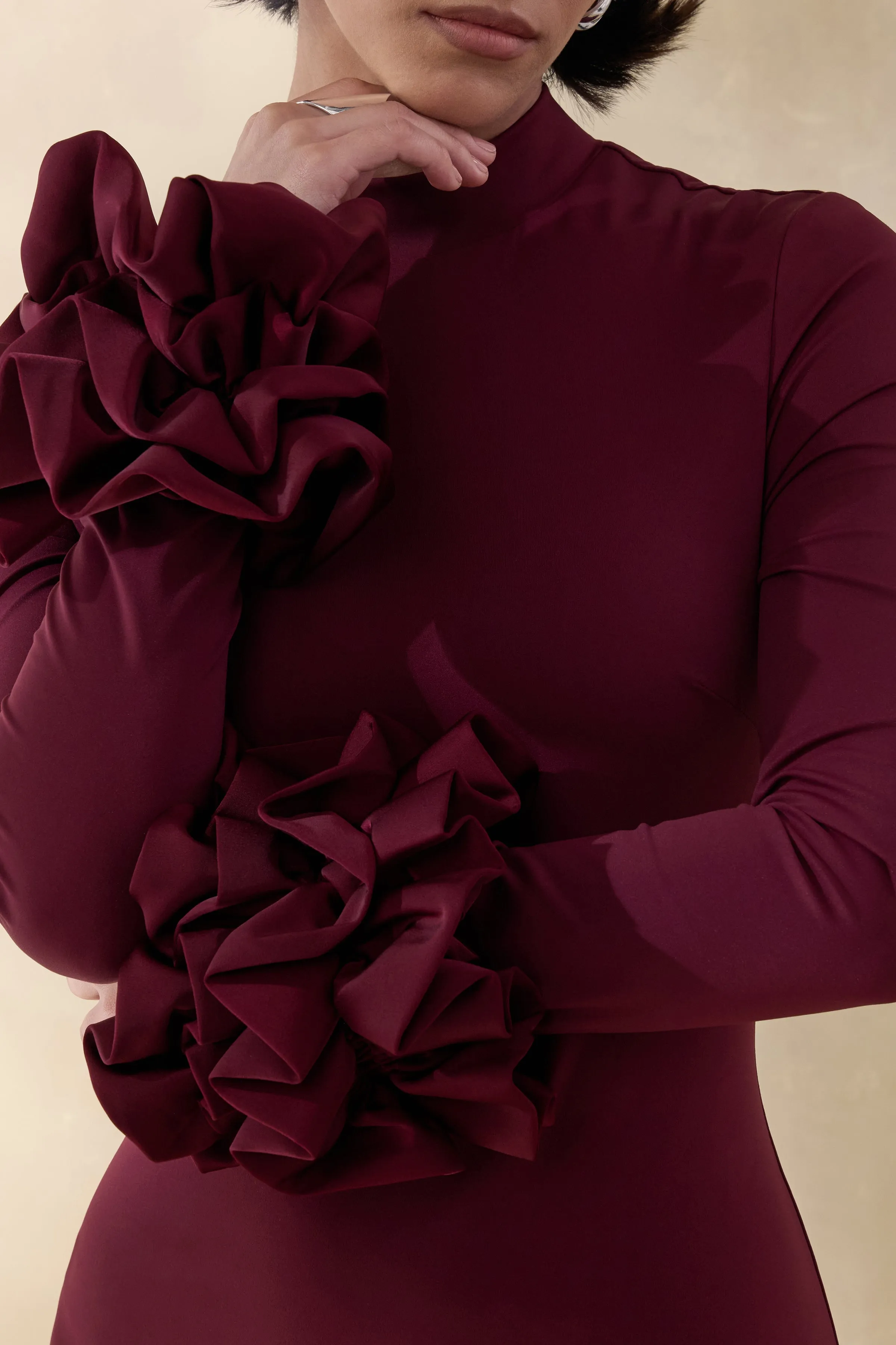 Jaselle | Dark Plum High-Neck Maxi Dress With Ruffled Satin-Cuffs sold by Club L London product image thumbnail 5