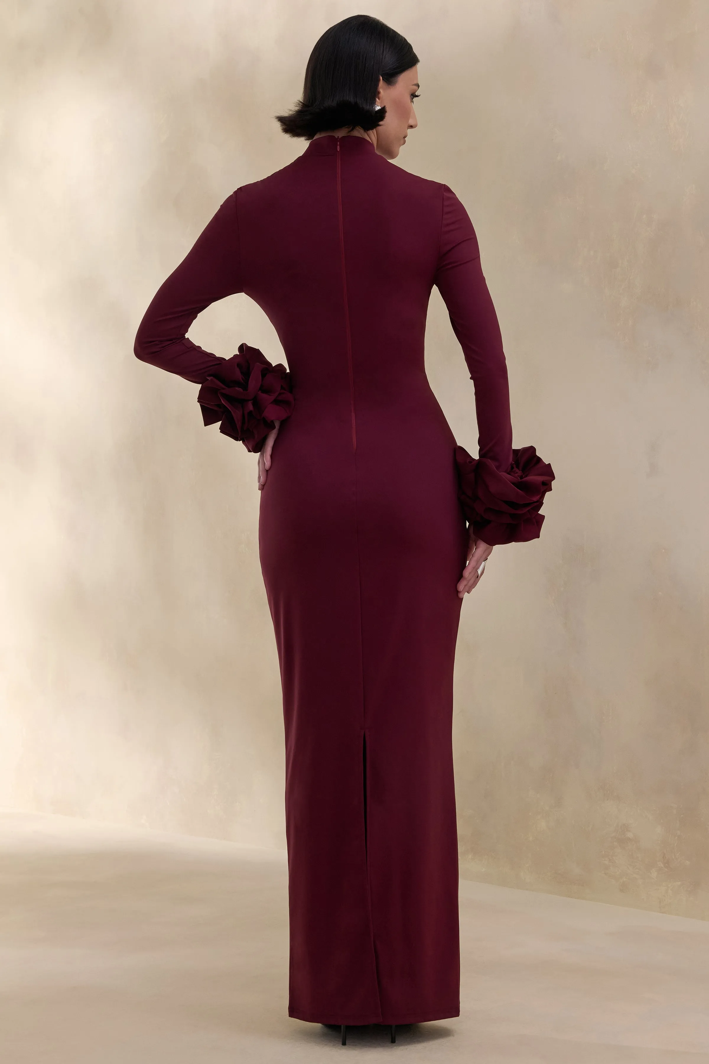 Jaselle | Dark Plum High-Neck Maxi Dress With Ruffled Satin-Cuffs sold by Club L London product image thumbnail 2