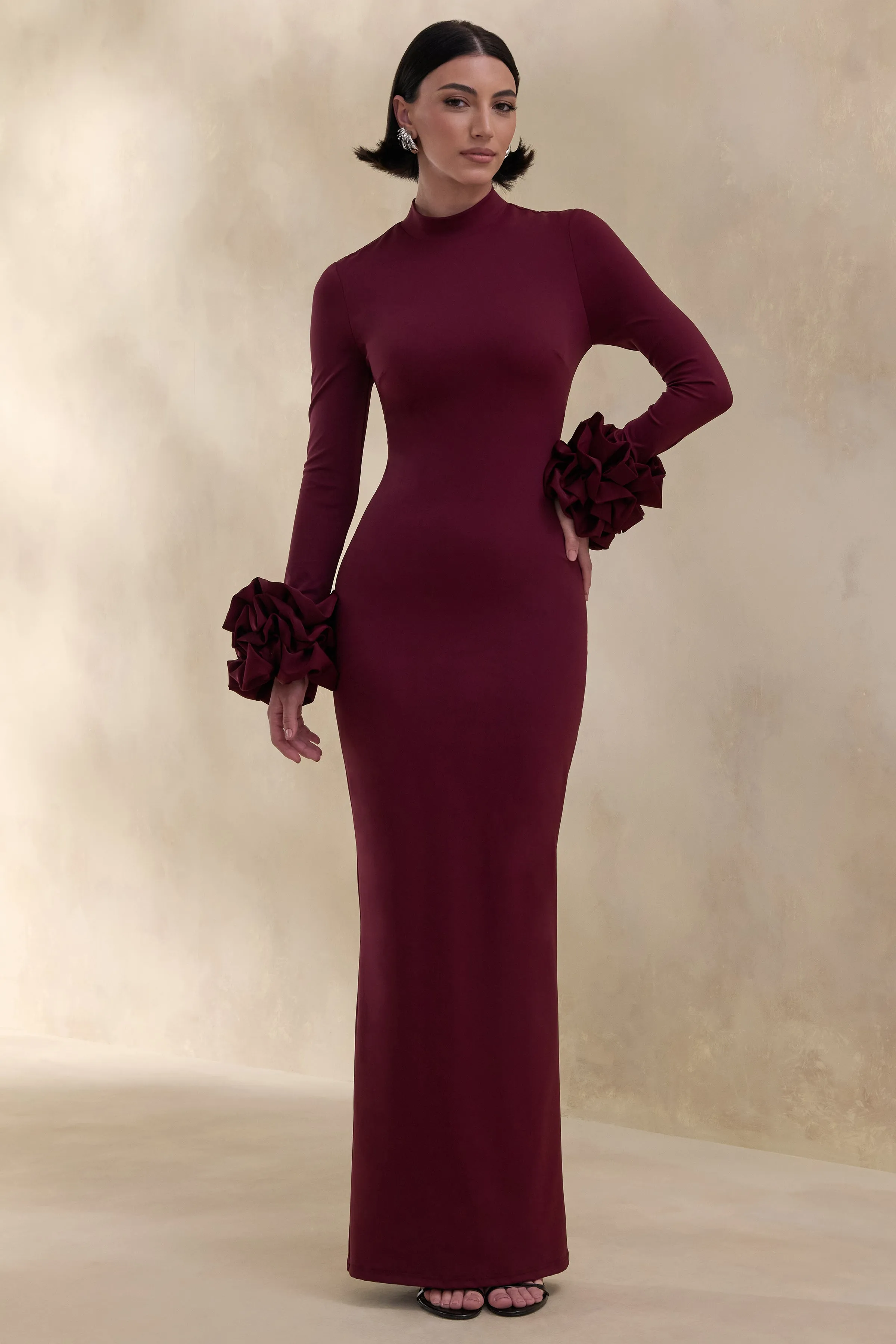 Jaselle | Dark Plum High-Neck Maxi Dress With Ruffled Satin-Cuffs sold by Club L London product image thumbnail 3