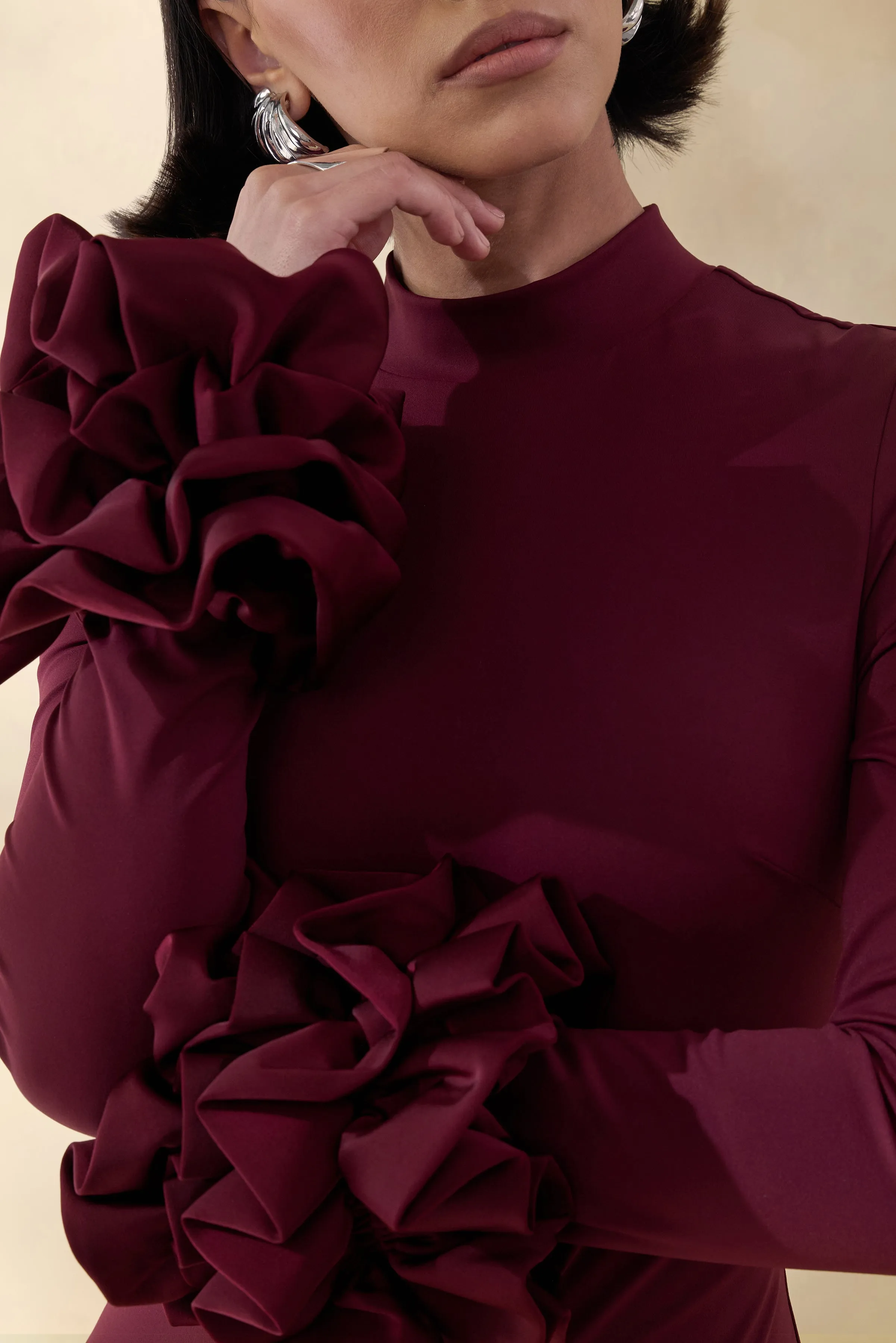 Jaselle | Dark Plum High-Neck Maxi Dress With Ruffled Satin-Cuffs sold by Club L London product image thumbnail 4