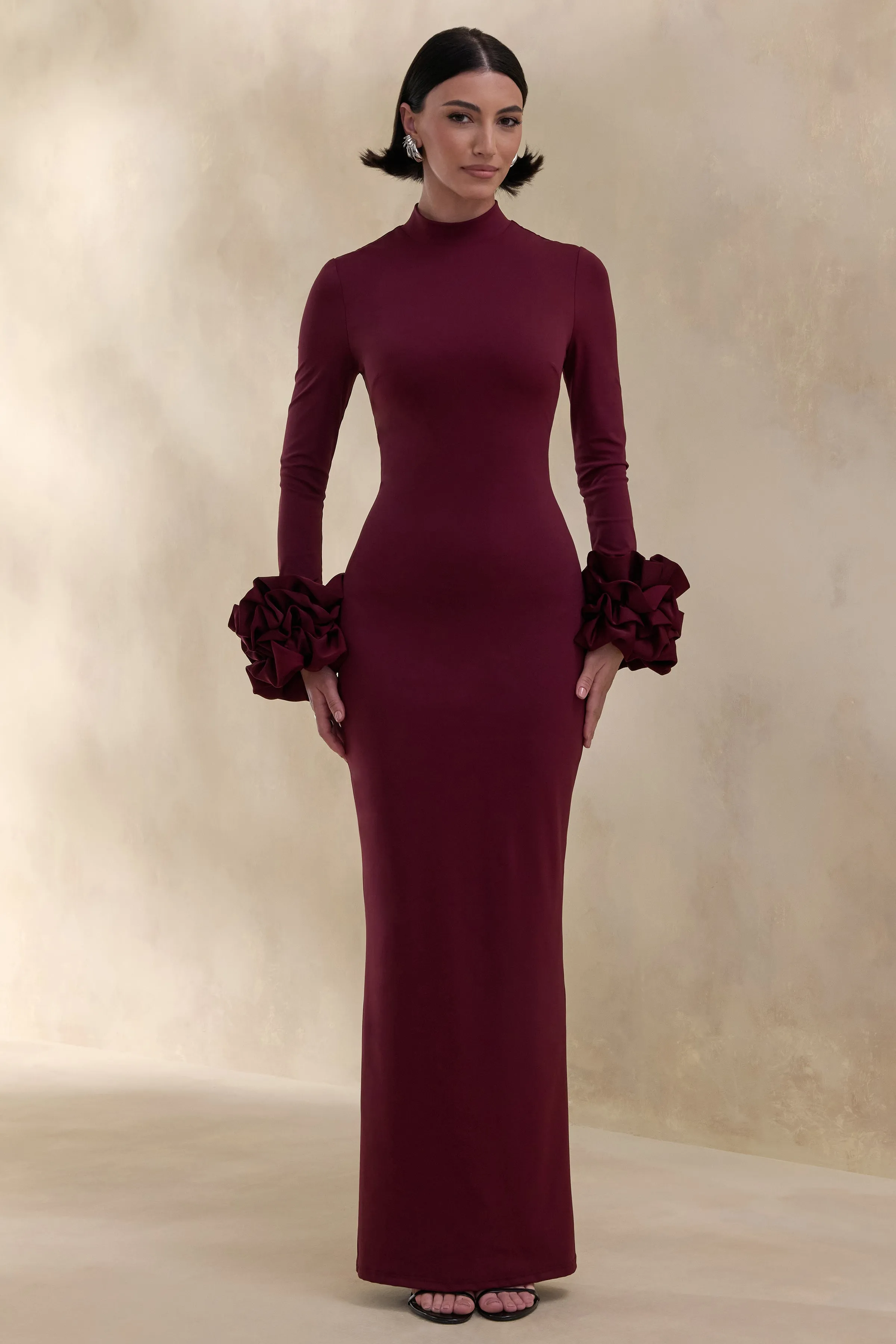 Jaselle | Dark Plum High-Neck Maxi Dress With Ruffled Satin-Cuffs sold by Club L London