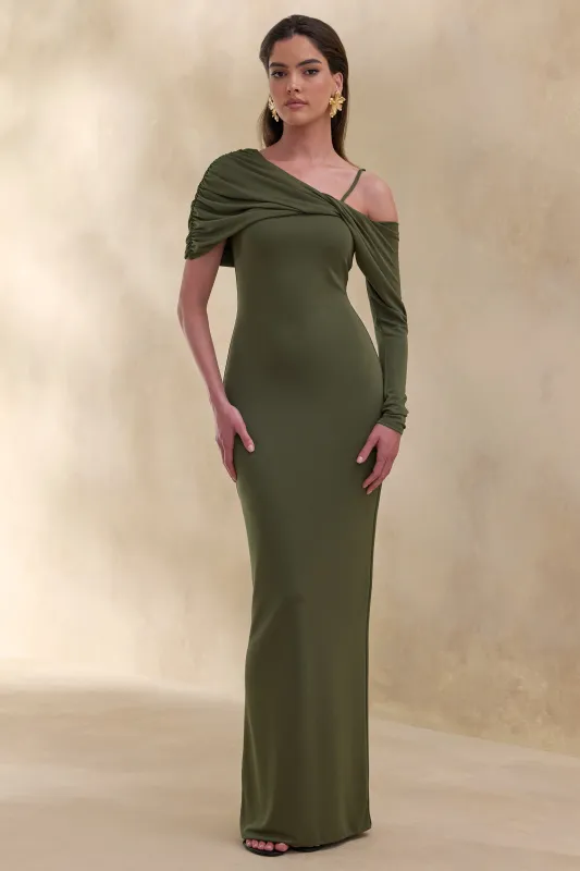 Silvaria | Olive Twisted Asymmetric-Neck Maxi Dress made by Club L London
