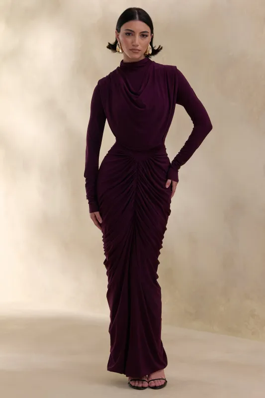 Harmona | Dark Plum High-Neck Maxi Dress With Gathered And Draped-Detailing made by Club L London