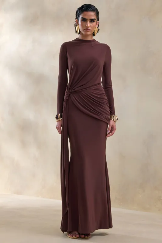 Kyrissa | Brown High-Neck Maxi Dress With Gathered-Detailing sold by Club L London