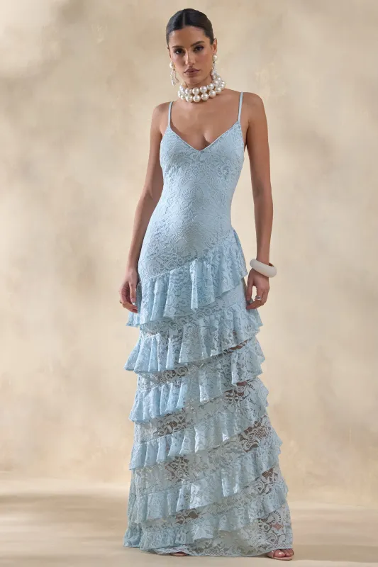 Avelisse | Blue Lace Plunge-Neck Maxi Dress With Ruffled Detailing made by Club L London