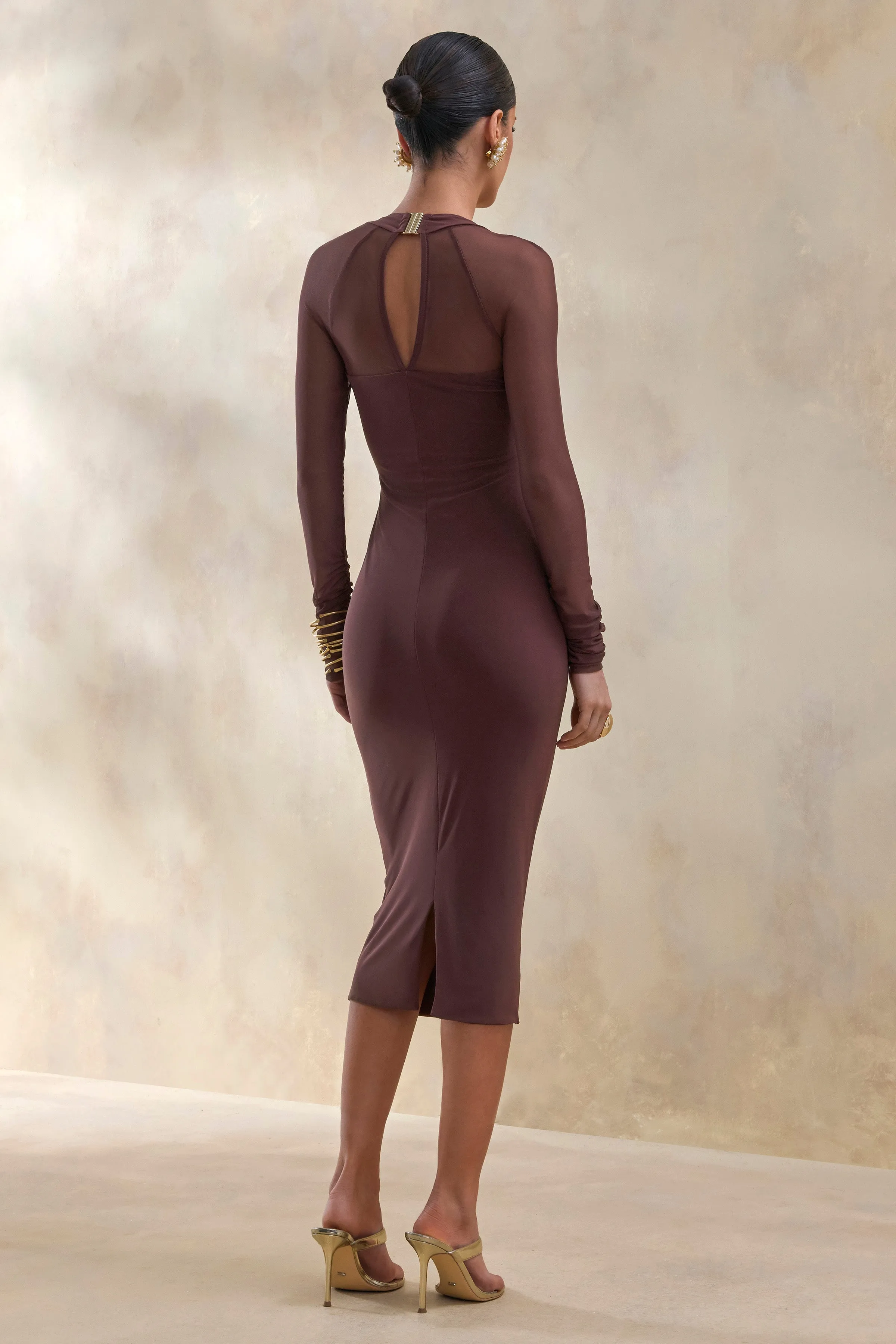 Off Track | Brown Bodycon Midi Dress With Sheer Sleeves sold by Club L London product image thumbnail 2