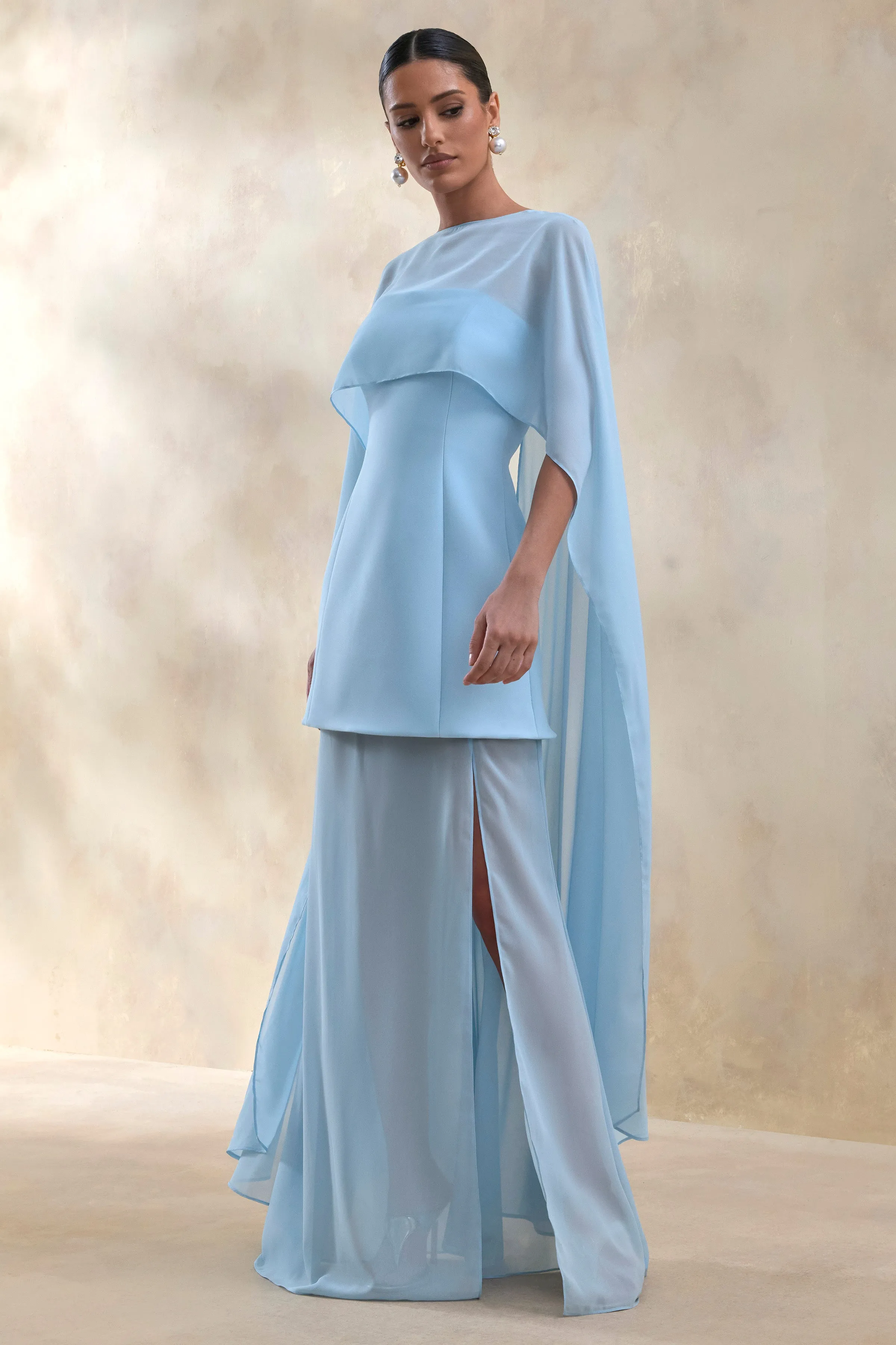 Chessa | Powder Blue Boat-Neck Maxi Dress With Sheer Cape sold by Club L London product image thumbnail 5