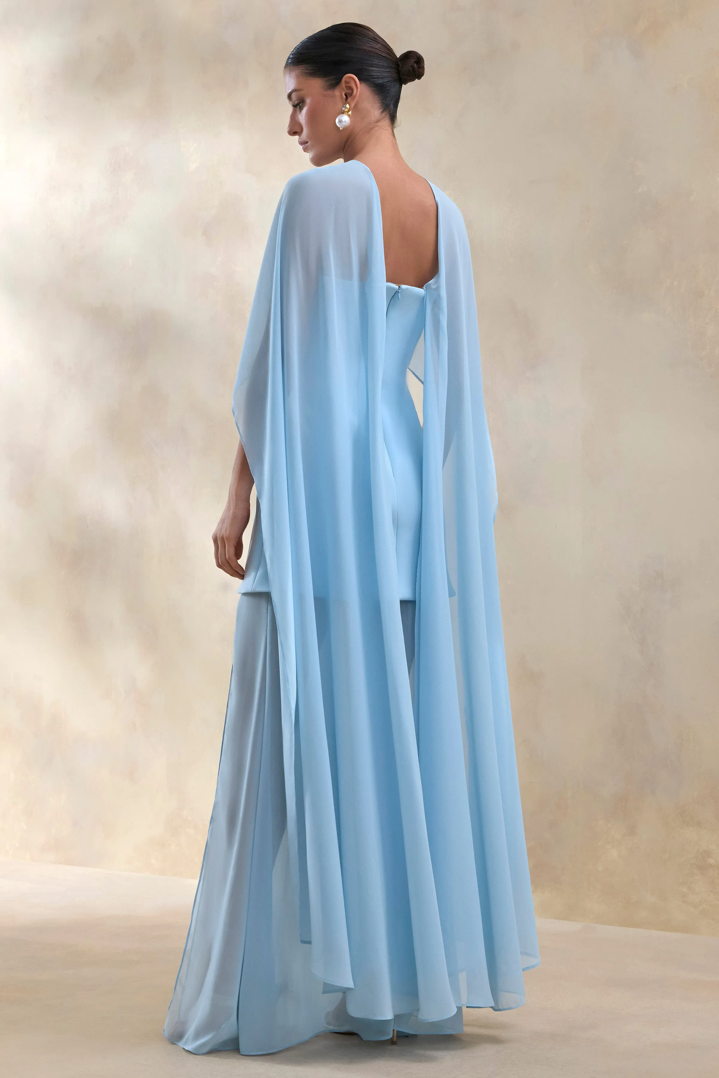 Chessa | Powder Blue Boat-Neck Maxi Dress With Sheer Cape sold by Club L London product image thumbnail 2