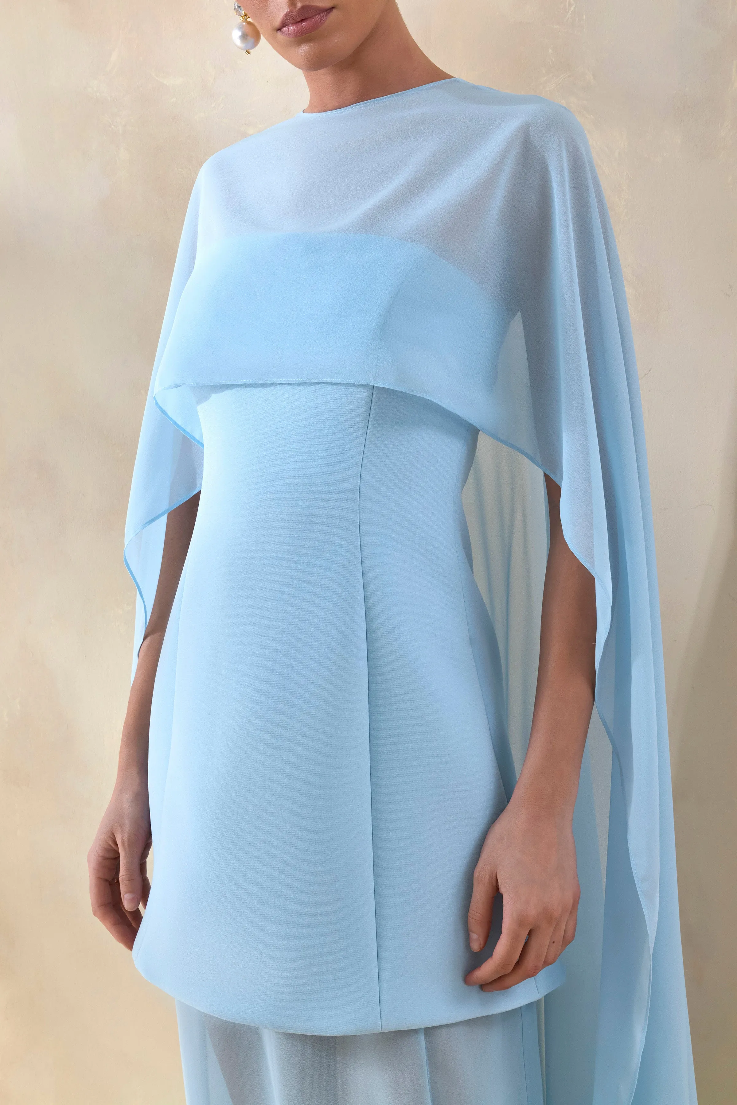 Chessa | Powder Blue Boat-Neck Maxi Dress With Sheer Cape sold by Club L London product image thumbnail 3