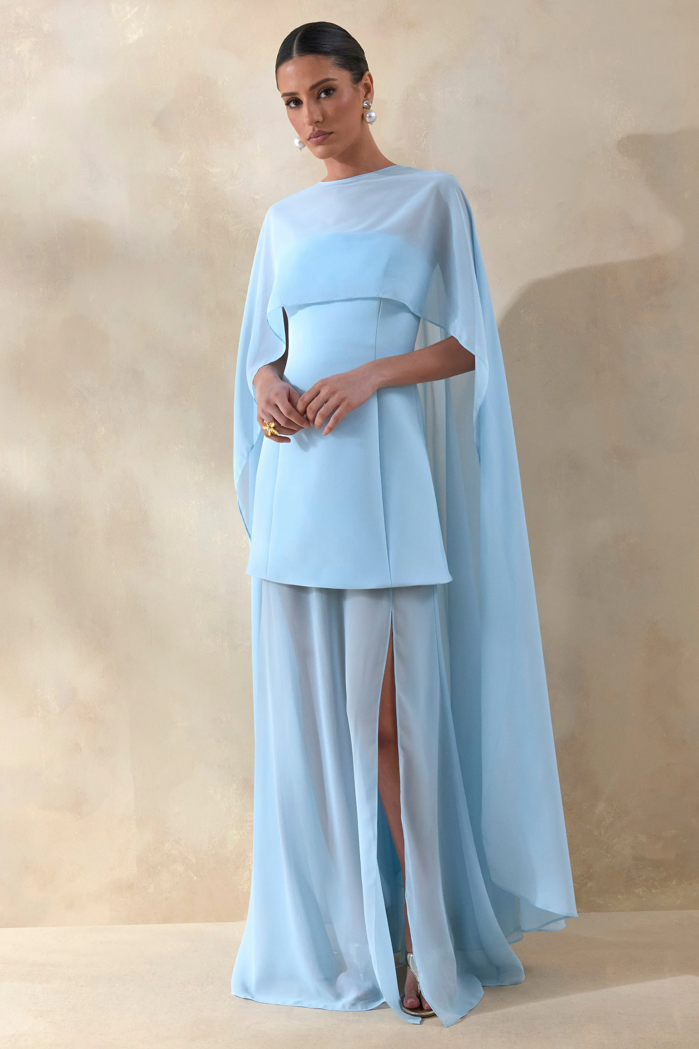 Chessa | Powder Blue Boat-Neck Maxi Dress With Sheer Cape sold by Club L London product image thumbnail 4