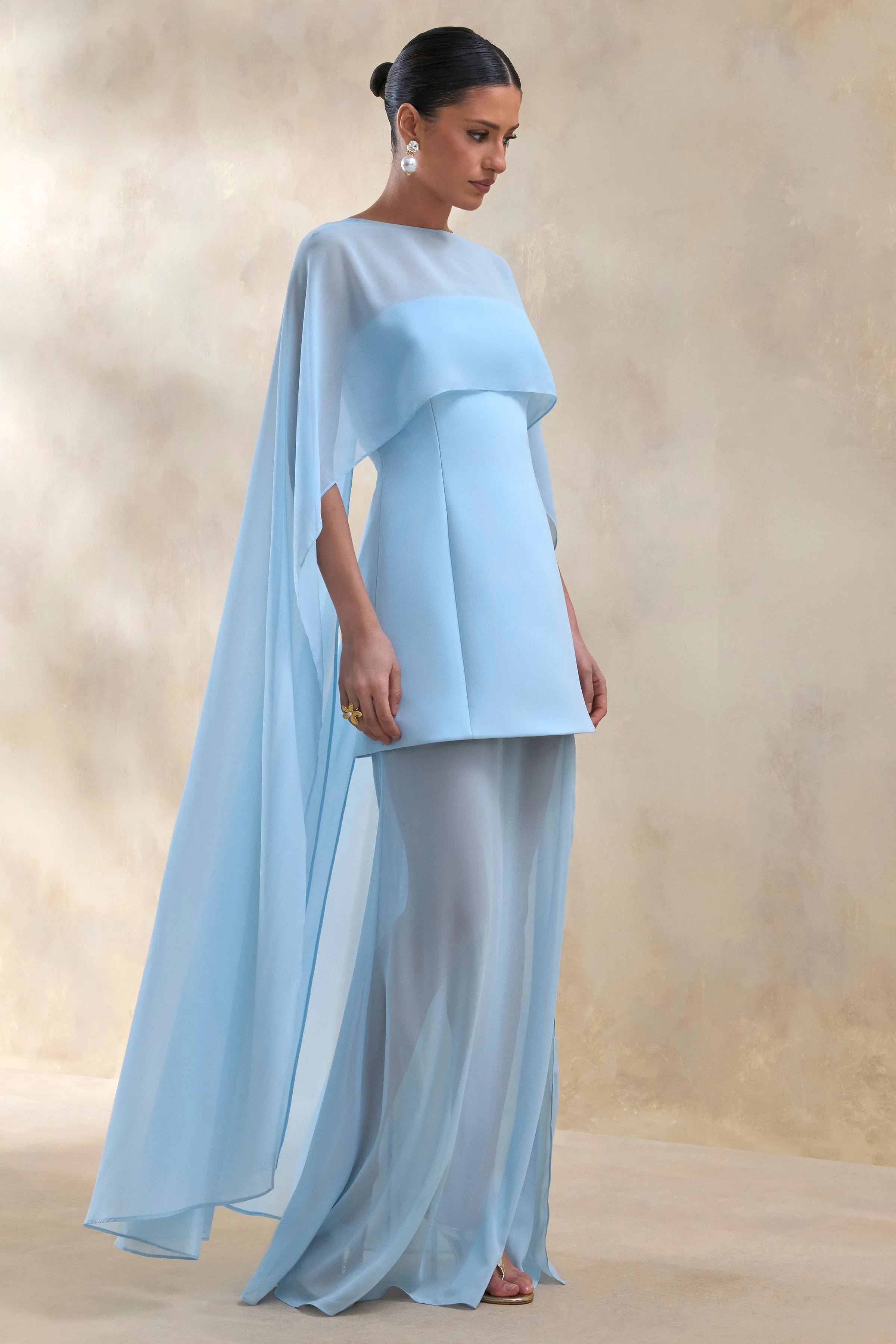 Chessa | Powder Blue Boat-Neck Maxi Dress With Sheer Cape sold by Club L London