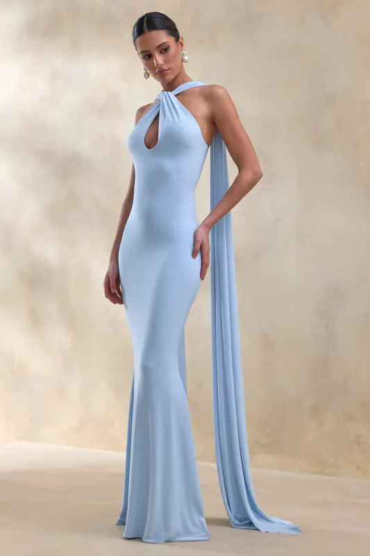 Rhoda | Powder Blue Twist Halter-Neck Cape Maxi Dress made by Club L London