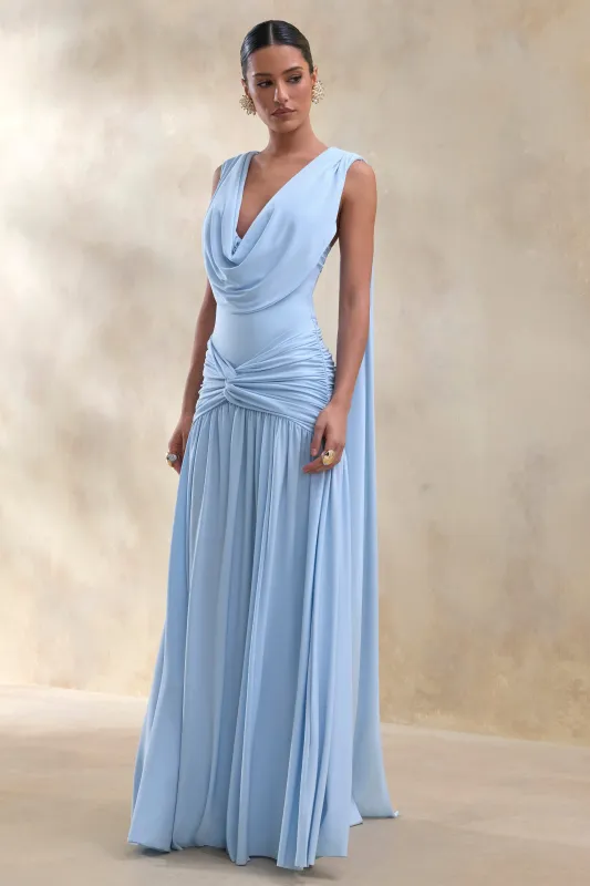 Amelisse | Powder Blue Plunge-Neck Maxi Dress With Ruched-Detailing sold by Club L London