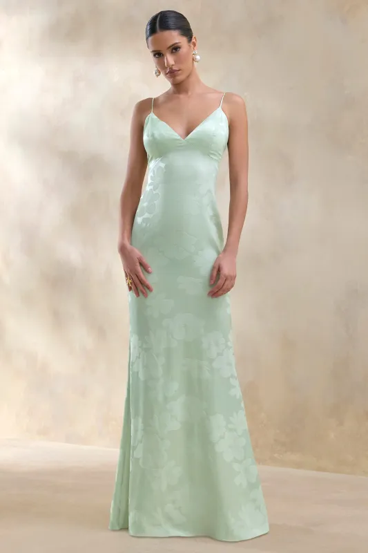 Carelle | Green Satin Plunge-Neck Maxi Dress With Asymmetric Drop-Waist made by Club L London