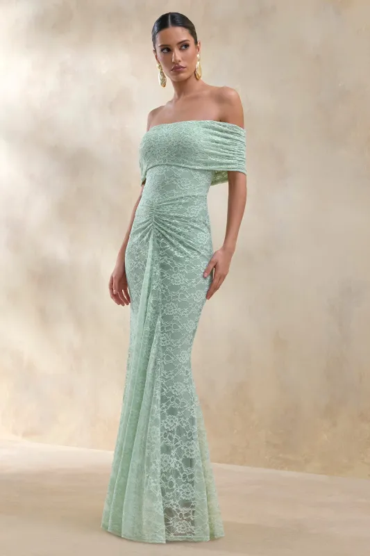 Elinor | Sage Lace Bardot-Neck Maxi Dress With Gathered-Detailing made by Club L London
