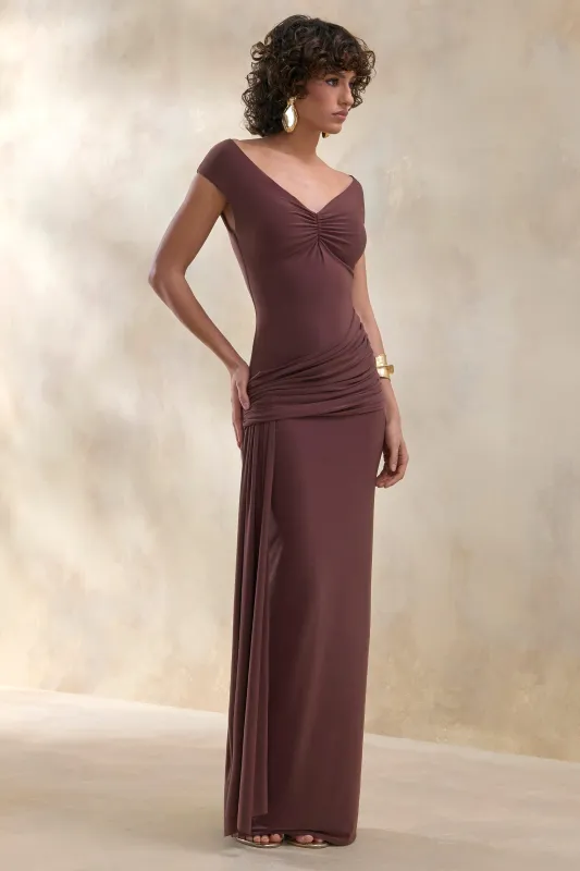 Petronia | Brown V-Neck Maxi Dress With Wrap-Detail sold by Club L London