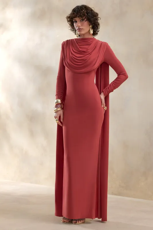 Lysoria | Rust High-Neck Maxi Dress With Draped-Detailing And Cape-Sleeves sold by Club L London