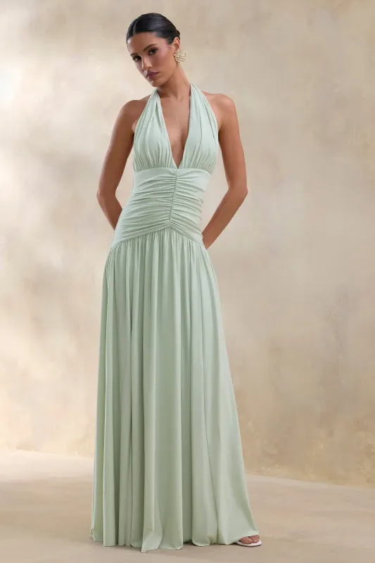 Bettina | Sage Plunge-Neck Maxi Dress With Gathered-Detailing sold by Club L London
