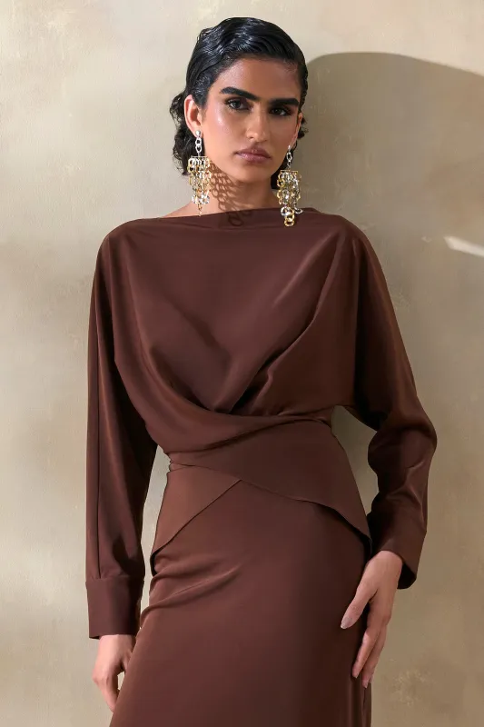 Miravia | Brown Satin Wide-Neck Long-Sleeve Top made by Club L London