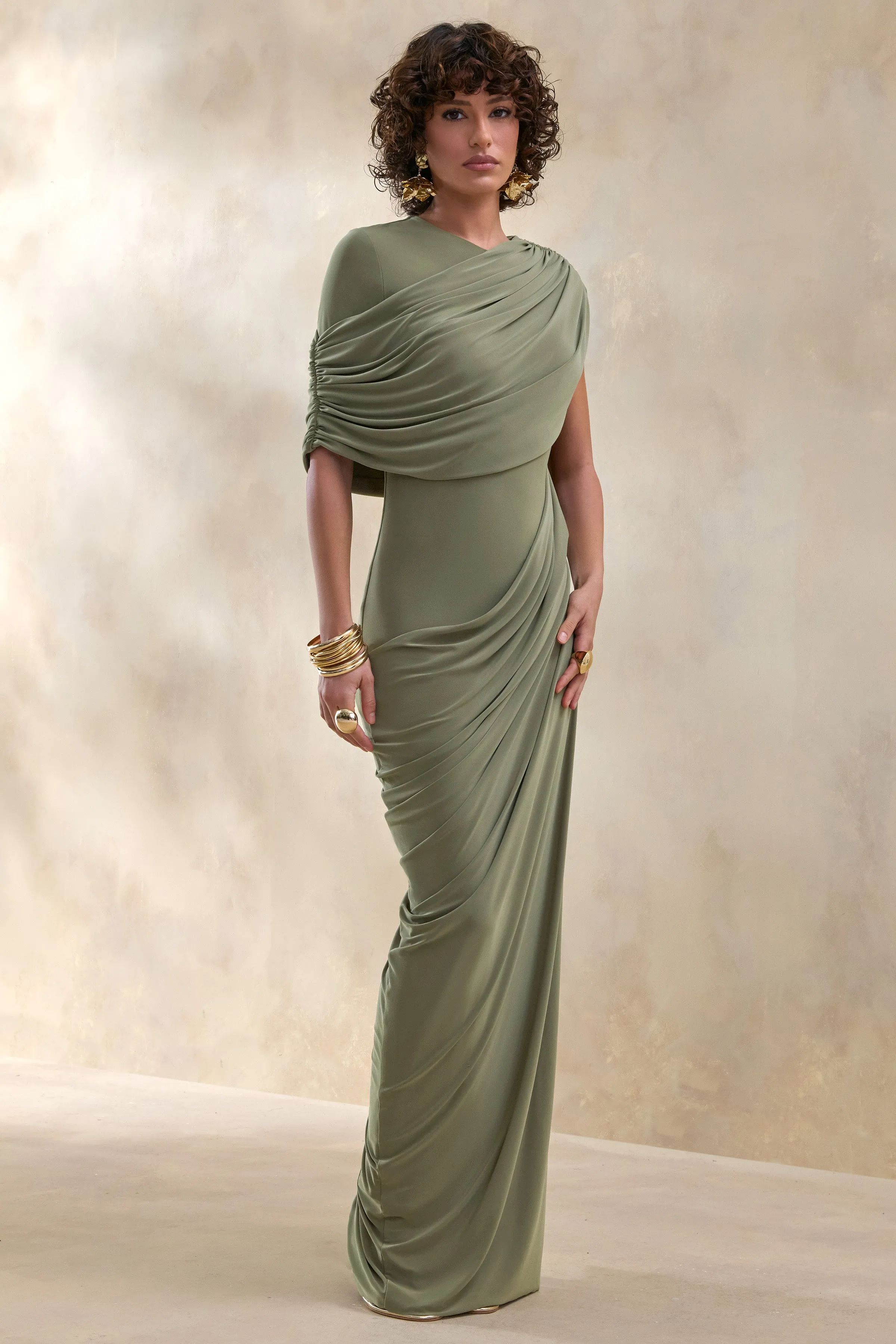 Gisara | Olive High-Neck Maxi Dress With Sash And Draped-Detailing sold by Club L London product image thumbnail 5