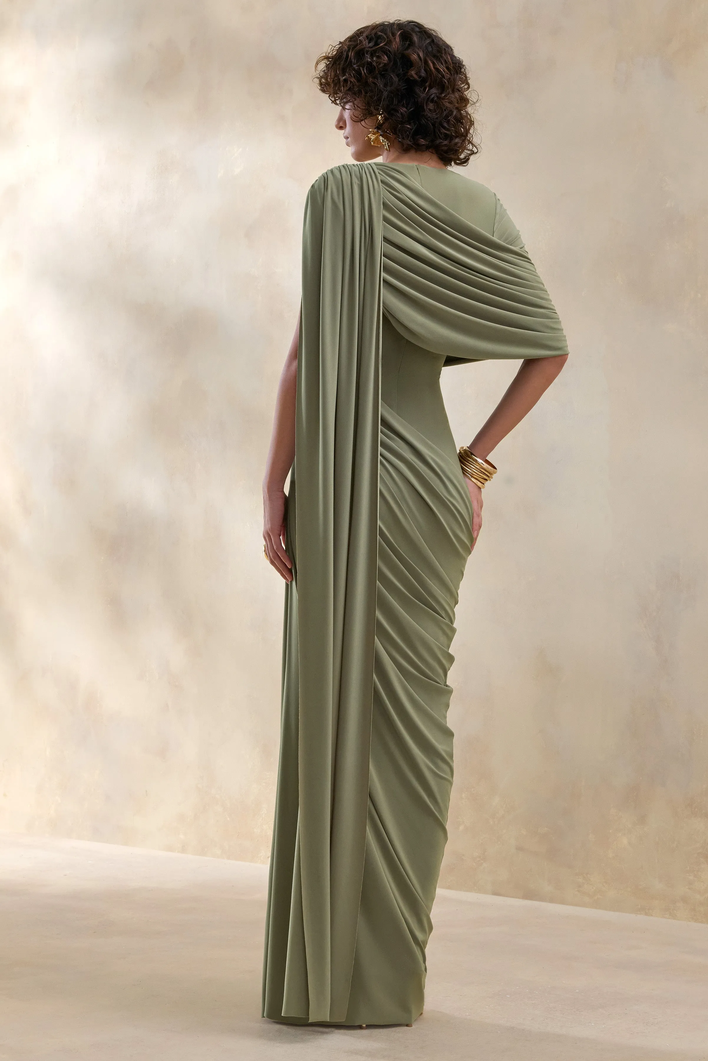 Gisara | Olive High-Neck Maxi Dress With Sash And Draped-Detailing sold by Club L London product image thumbnail 2