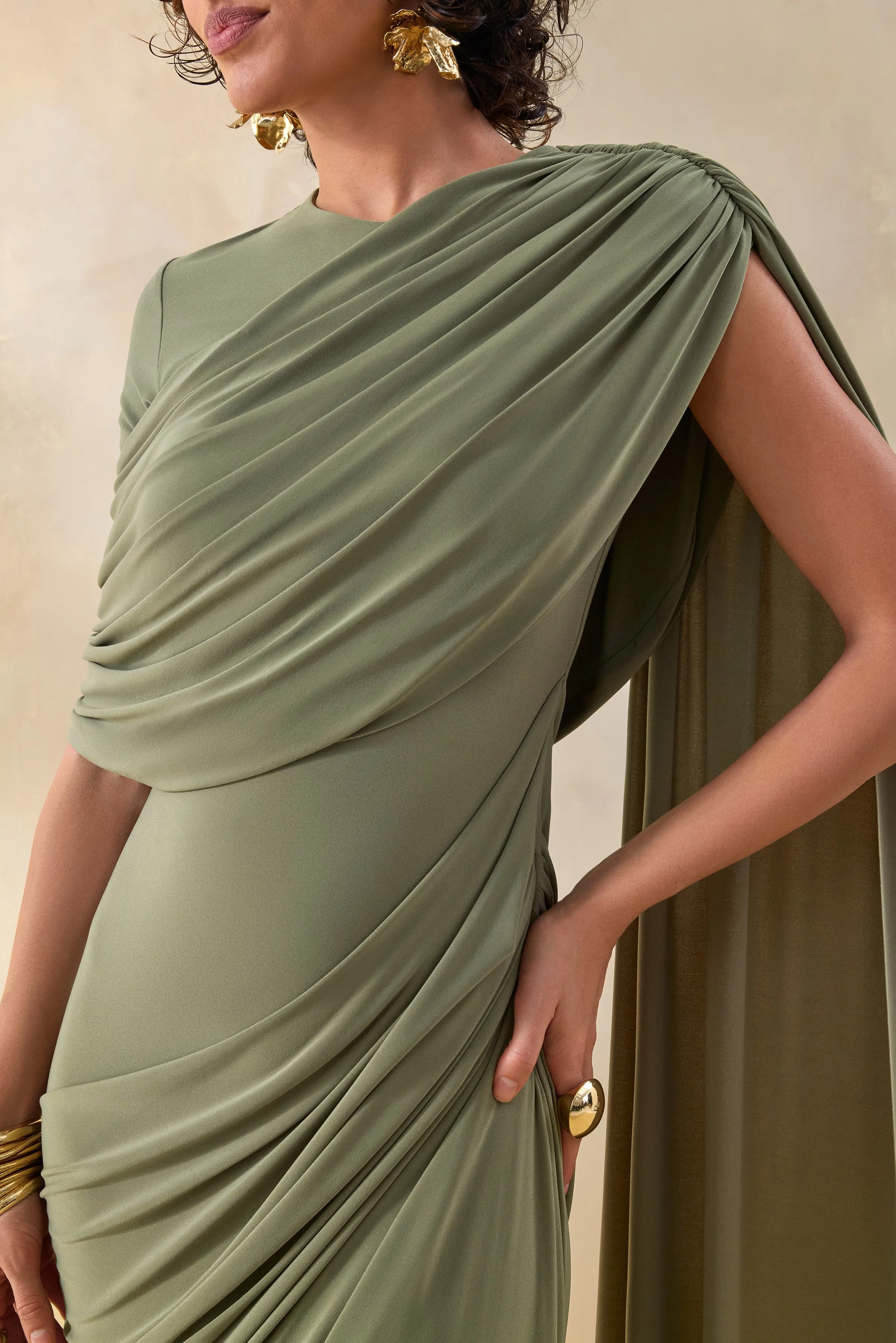 Gisara | Olive High-Neck Maxi Dress With Sash And Draped-Detailing sold by Club L London product image thumbnail 3