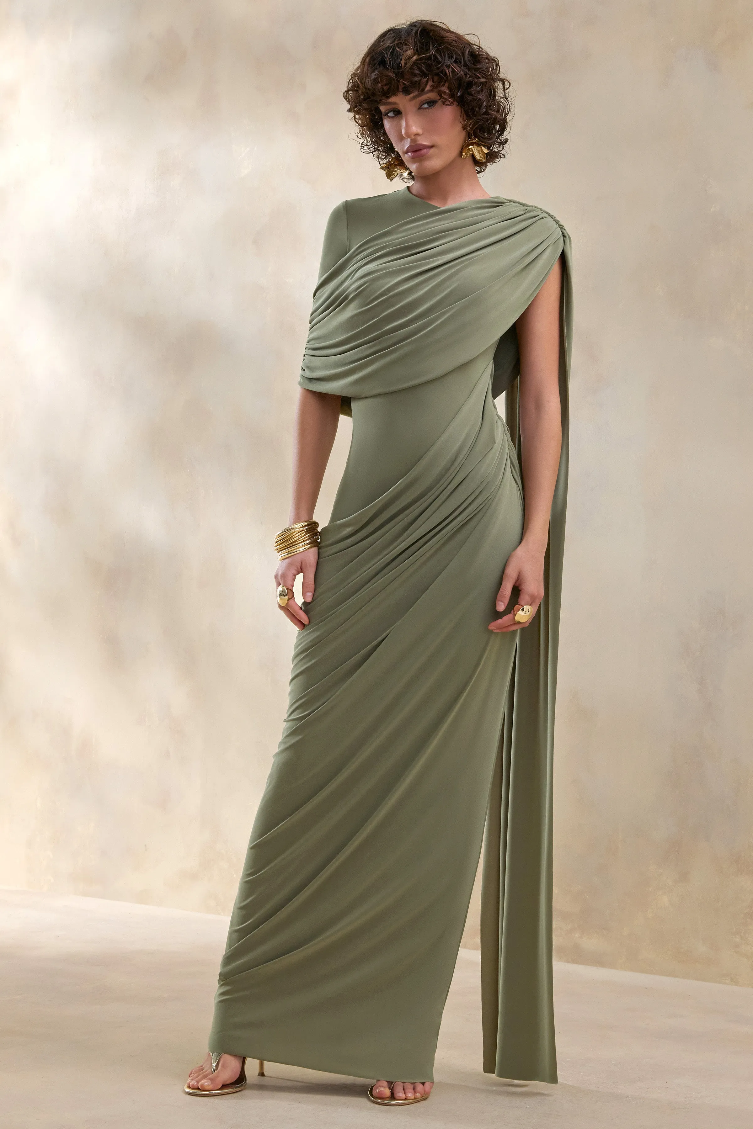Gisara | Olive High-Neck Maxi Dress With Sash And Draped-Detailing sold by Club L London product image thumbnail 4