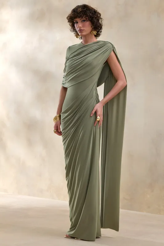 Gisara | Olive High-Neck Maxi Dress With Sash And Draped-Detailing sold by Club L London