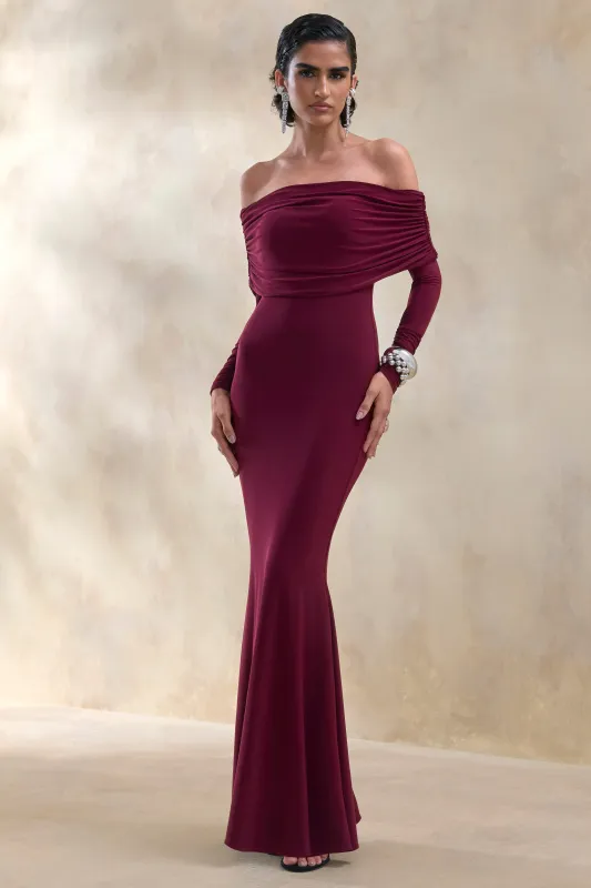 Brisea | Burgundy Bardot-Neck Maxi Dress made by Club L London