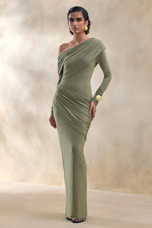 Rosirene | Olive Asymmetric-Neck Maxi Dress With Draped-Detailing sold by Club L London