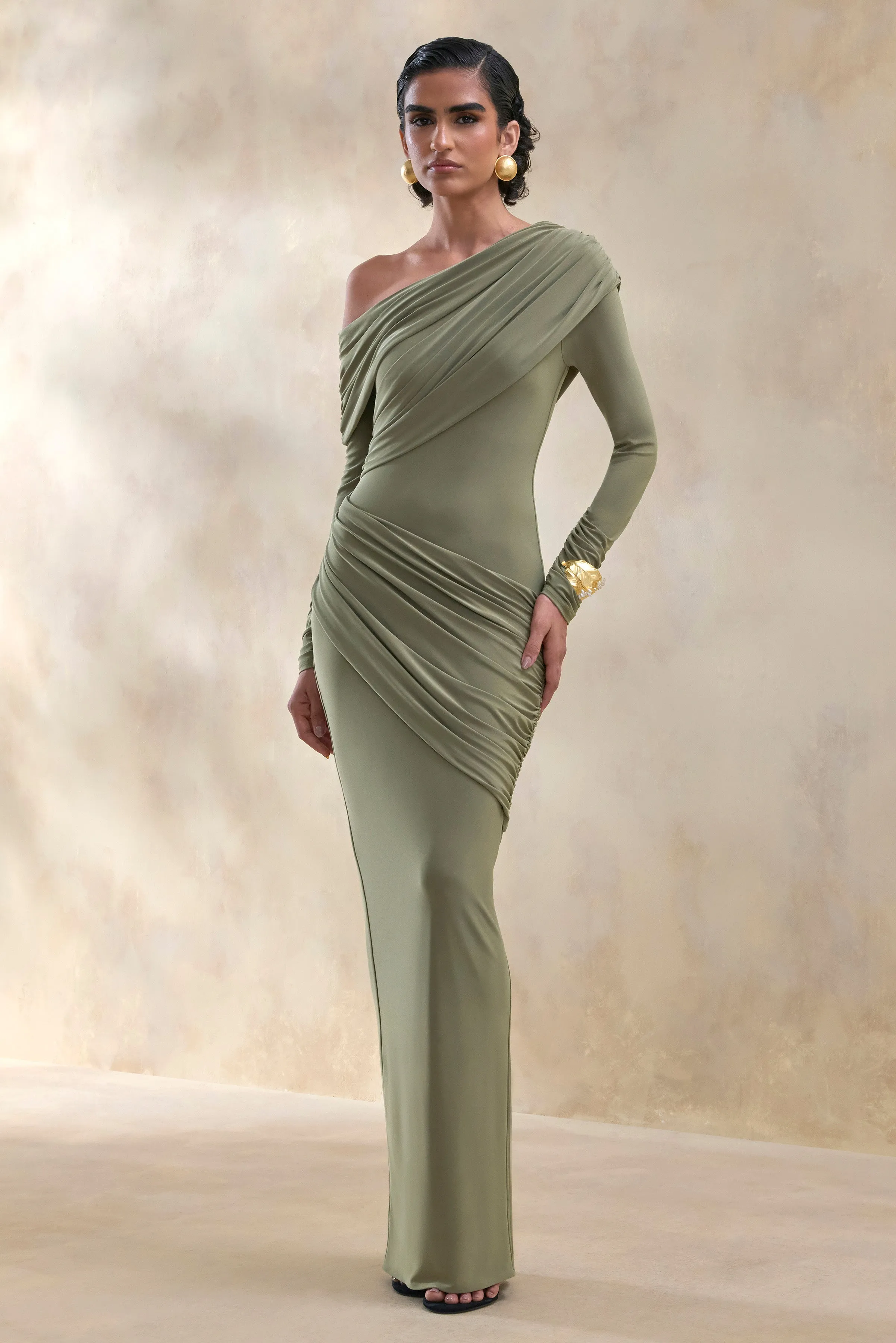 Rosirene | Olive Asymmetric-Neck Maxi Dress With Draped-Detailing sold by Club L London