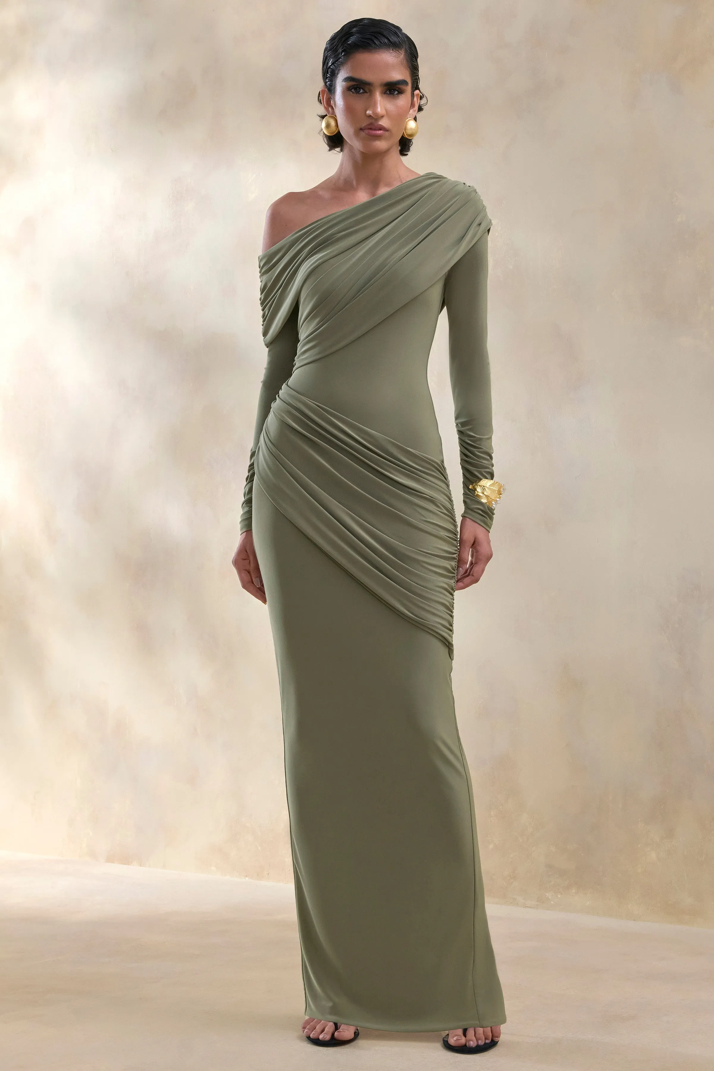 Rosirene | Olive Asymmetric-Neck Maxi Dress With Draped-Detailing sold by Club L London product image thumbnail 5