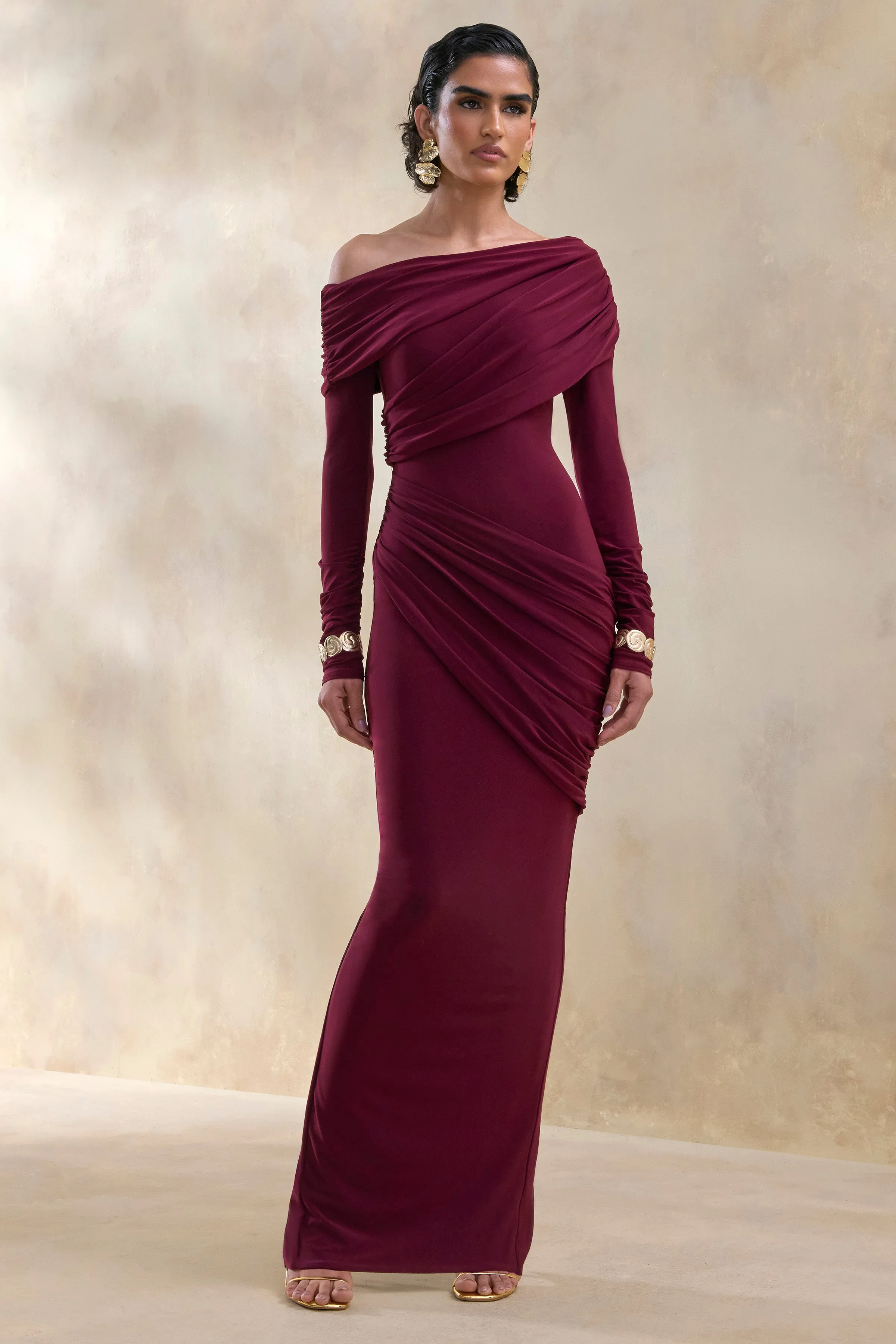 Rosirene | Burgundy Asymmetric-Neck Maxi Dress With Draped-Detailing sold by Club L London product image thumbnail 4