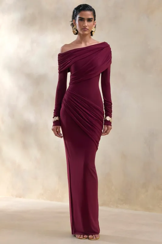 Rosirene | Burgundy Asymmetric-Neck Maxi Dress With Draped-Detailing sold by Club L London