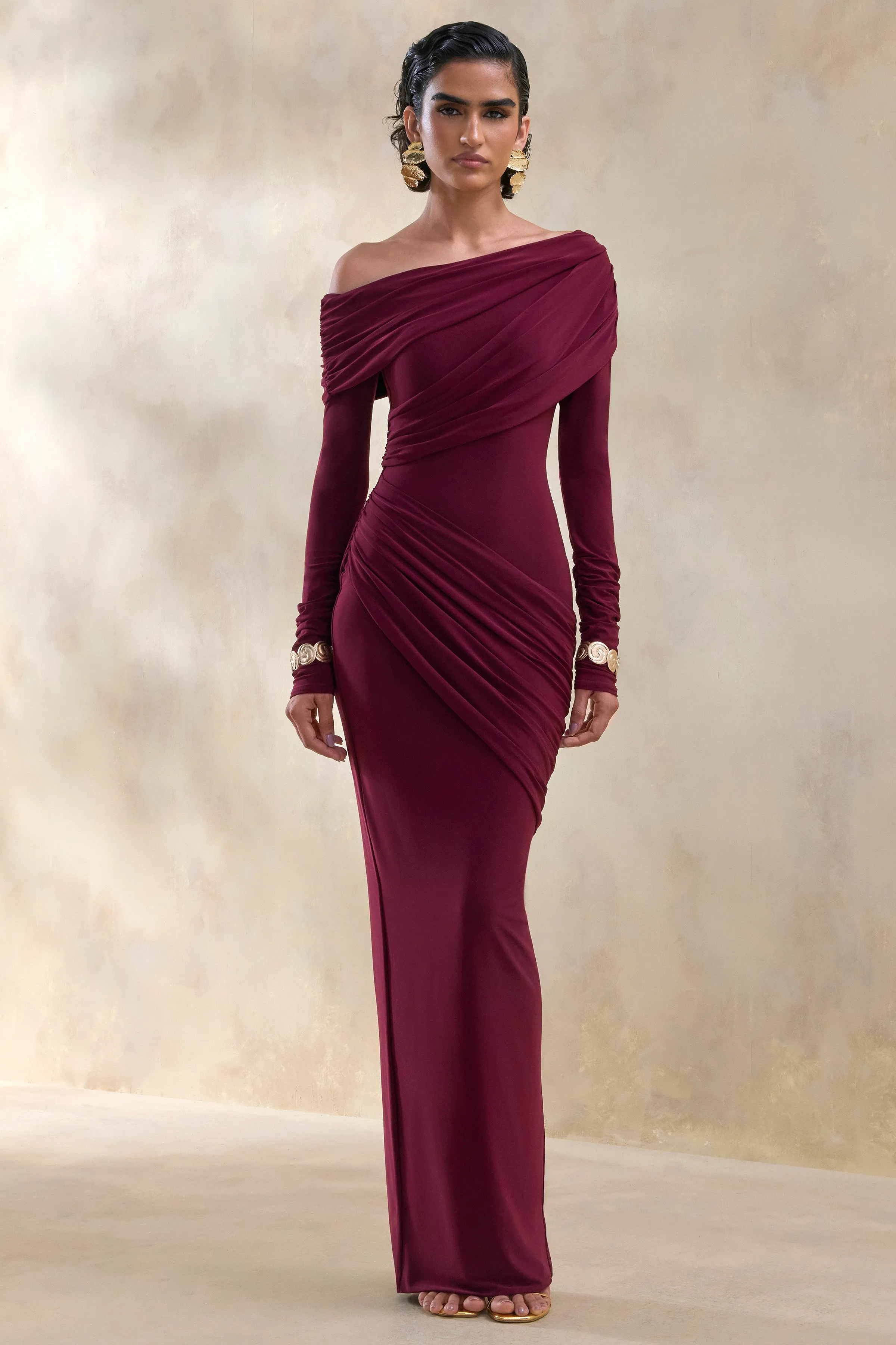 Rosirene | Burgundy Asymmetric-Neck Maxi Dress With Draped-Detailing sold by Club L London